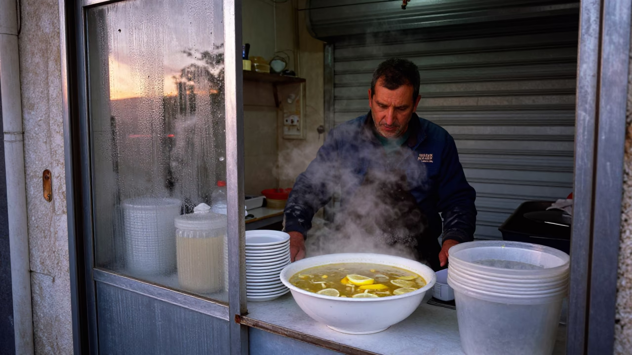 Pre-Dawn Street Vendor Preparation with Condensation and Soup in Athens Greece in in Athens, Greece
