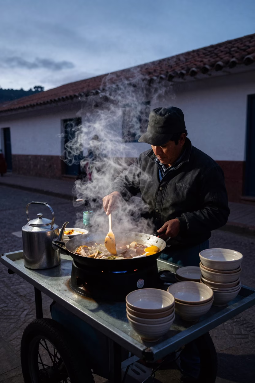 Pre-dawn street vendor preparing breakfast in Cusco Peru with steam rising from pans in in Cusco, Peru