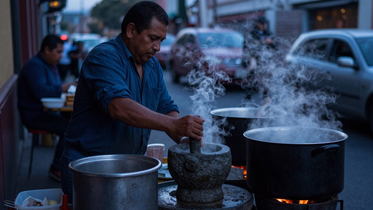 Pre-dawn street vendor preparing breakfast in Mexico City with mortar and fresh melons in in Mexico City, Mexico