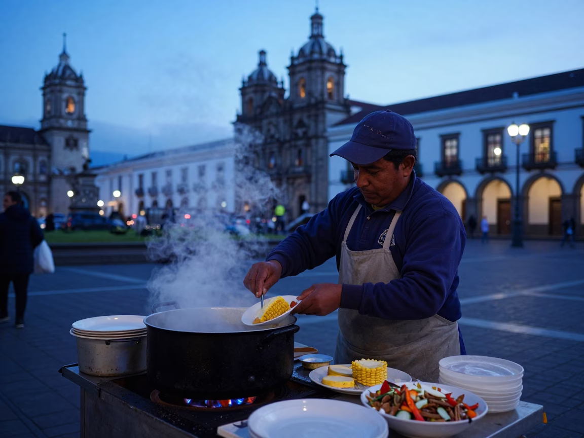 Pre-dawn street vendor preparing breakfast near Plaza Grande in Quito Ecuador in in Quito, Ecuador