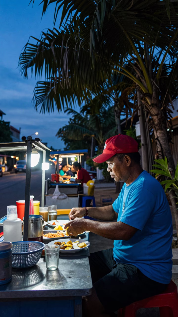 Pre-dawn street vendor preparing breakfast near tropical banyan trees in Phuket Thailand in in Phuket, Thailand