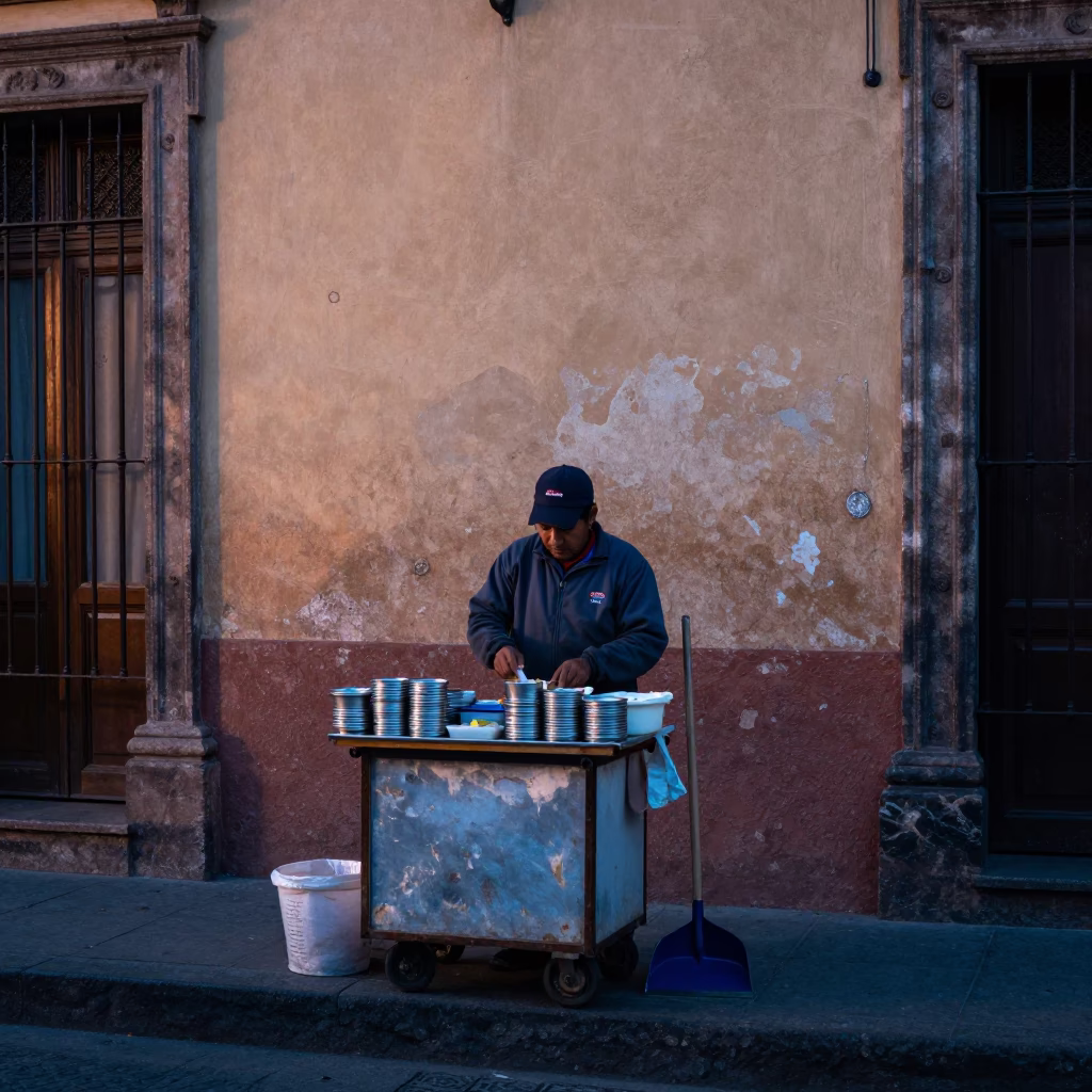 Pre-dawn street vendor preparing breakfast on Mexico City sidewalk before sunrise in in Mexico City, Mexico