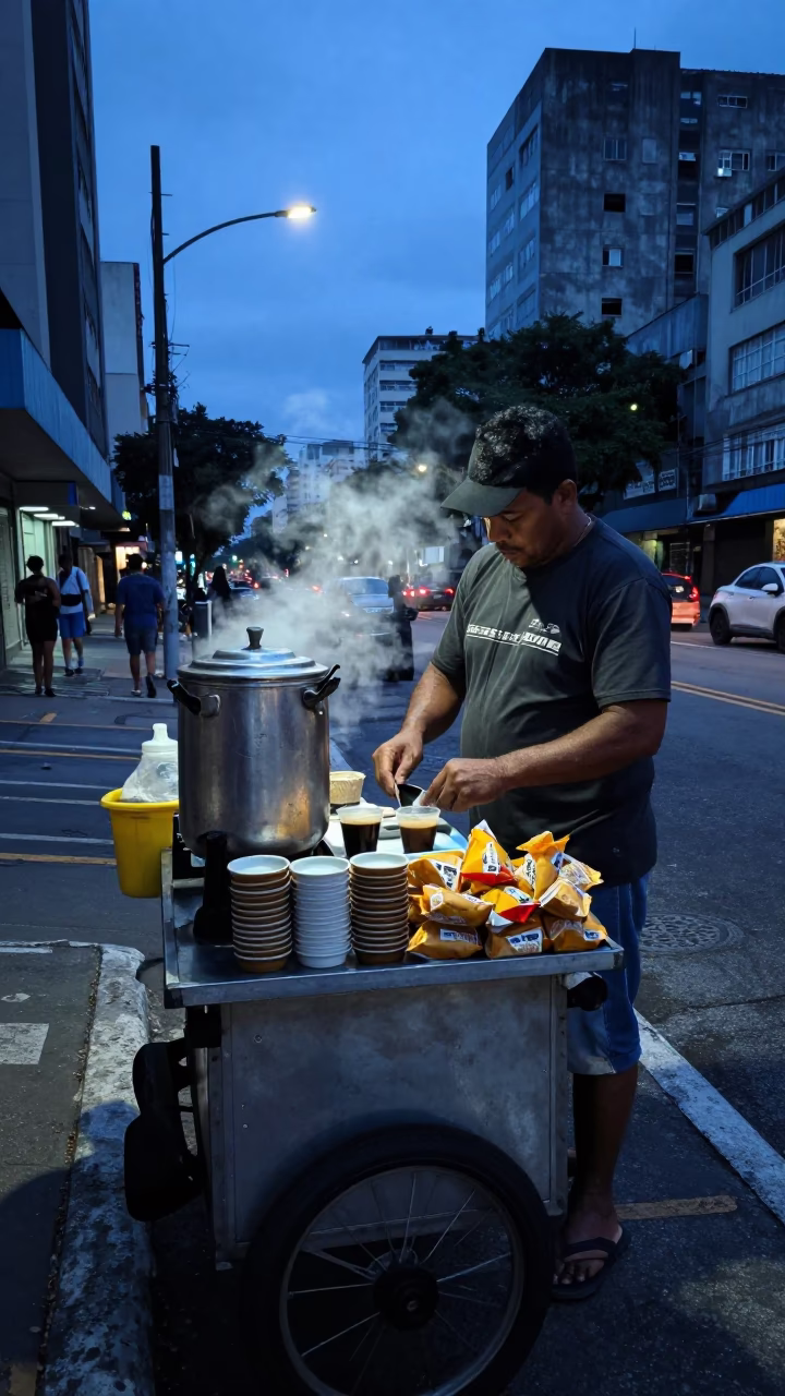 Pre-dawn street vendor preparing coffee and snacks in São Paulo in in São Paulo, Brazil