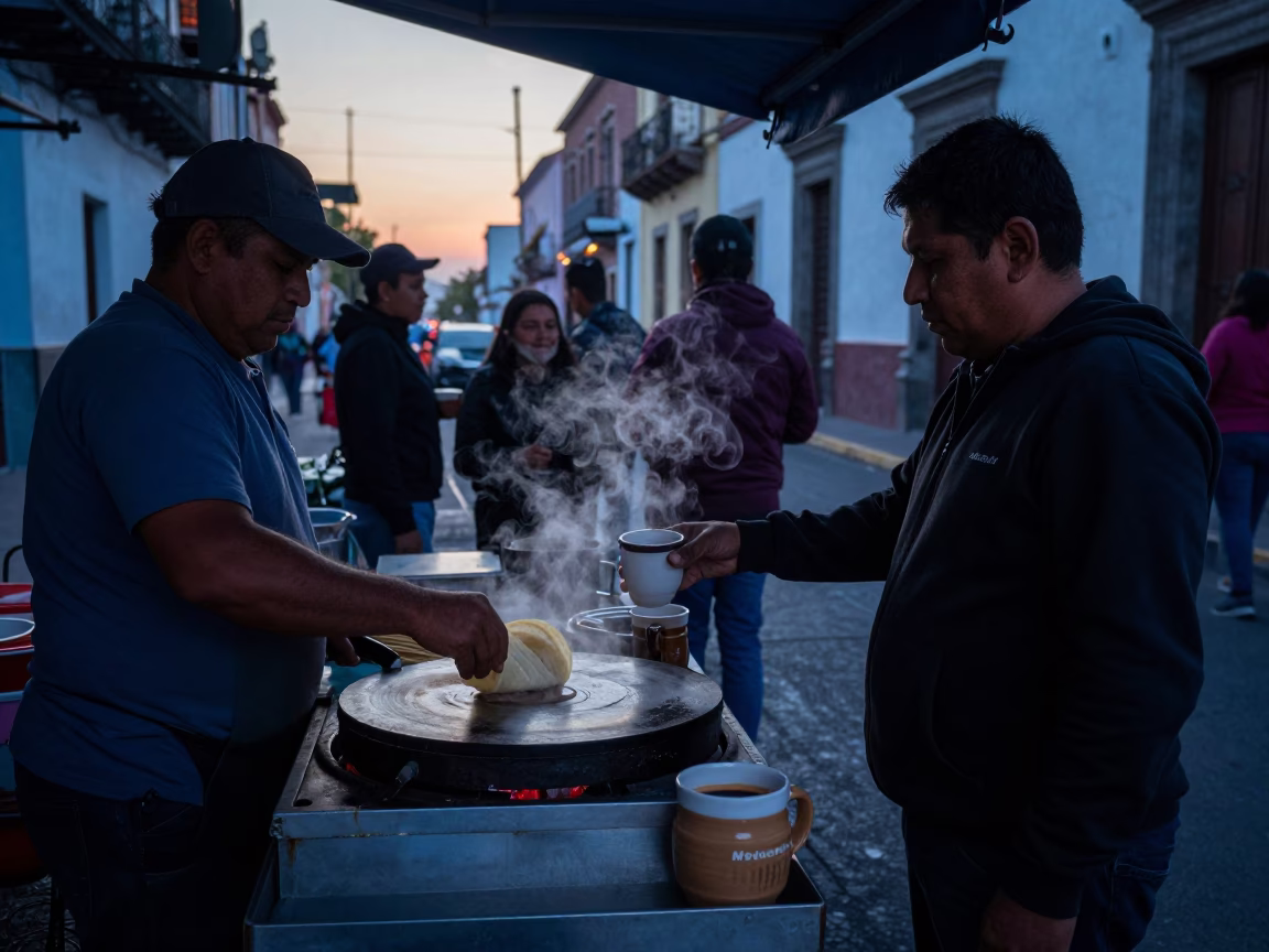 Pre-dawn street vendor preparing coffee and tortillas in Mexico City in in Mexico City, Mexico