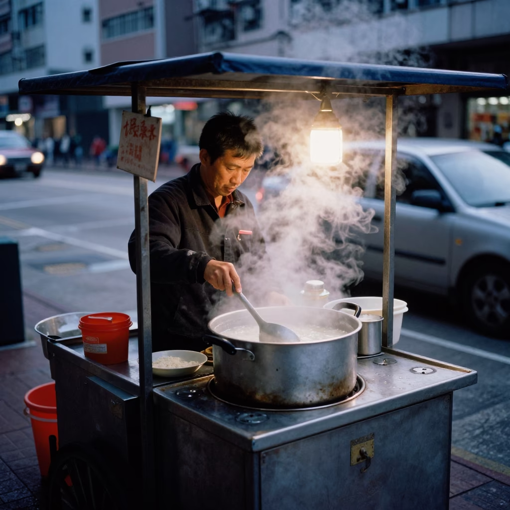 Pre-dawn street vendor preparing congee in Hong Kong with steam rising in in Hong Kong, Hong Kong