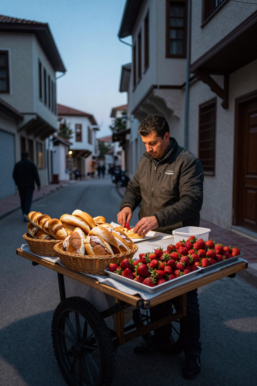 Pre-dawn street vendor preparing fresh bread and strawberries in Izmir Turkey before dawn in in Izmir, Turkey