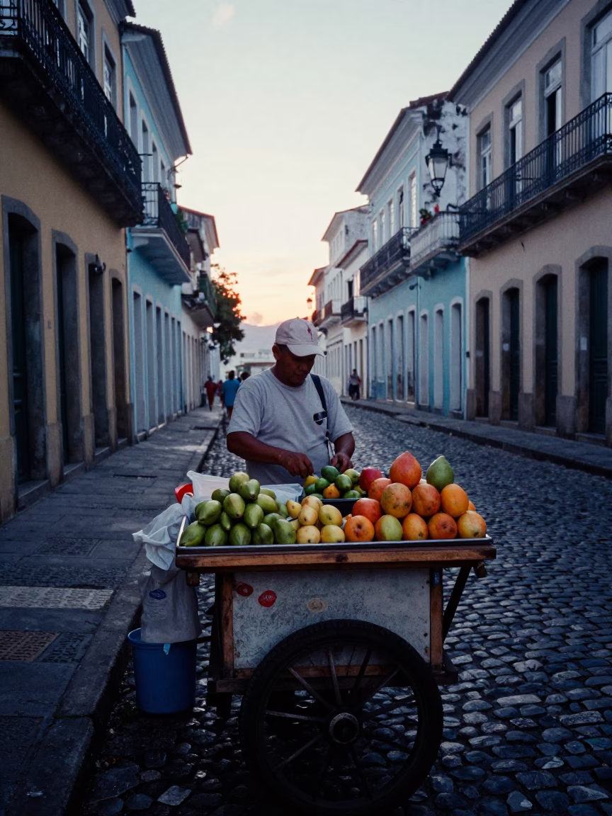 Pre-dawn street vendor preparing fresh fruit in Salvador Brazil before sunrise in in Salvador, Brazil