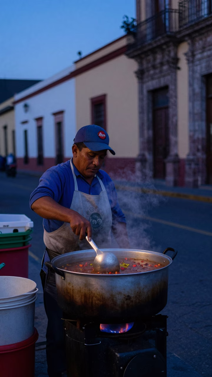 Pre-dawn street vendor preparing fresh guisado in Guadalajara Mexico before sunrise in in Guadalajara, Mexico
