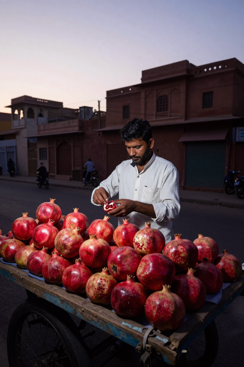 Pre-dawn street vendor preparing fresh pomegranates in Jaipur India before sunrise in in Jaipur, India