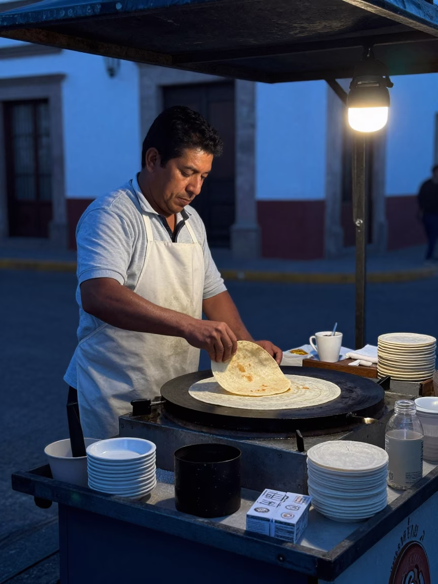 Pre-dawn street vendor preparing fresh tortillas and coffee on a Guadalajara sidewalk corner in in Guadalajara, Mexico
