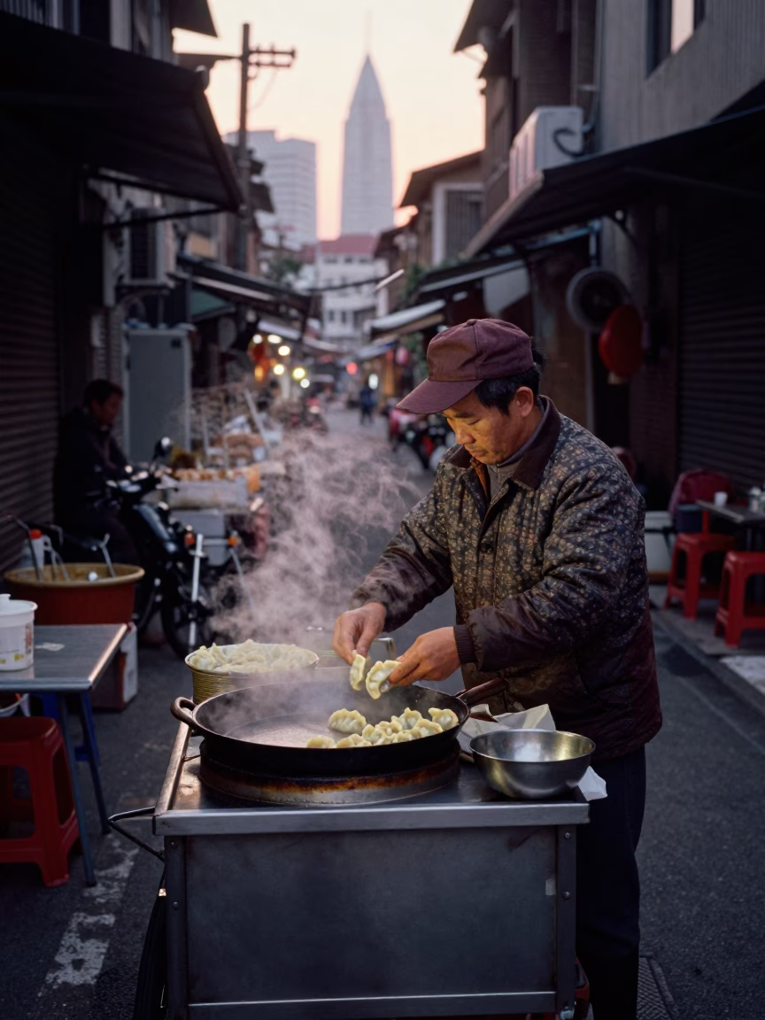 Pre-Dawn Street Vendor Preparing Gyoza in Kaohsiung Taiwan Alleyway in in Kaohsiung, Taiwan
