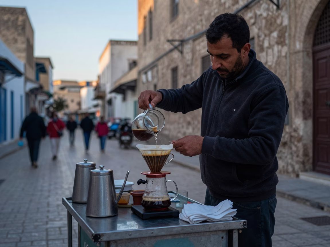 Pre-dawn street vendor preparing pour-over coffee in Tunis Tunisia old city in in Tunis, Tunisia