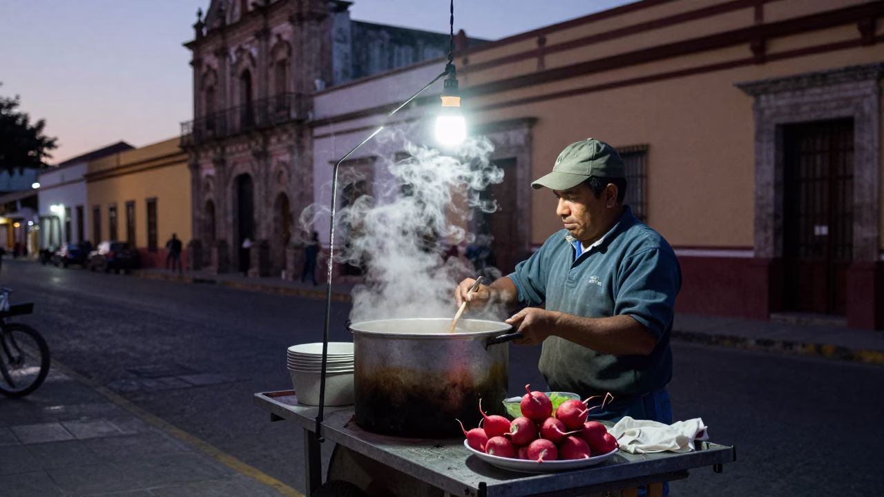 Pre-dawn street vendor preparing pozole with radish and oregano in historic Oaxaca Mexico in in Oaxaca, Mexico