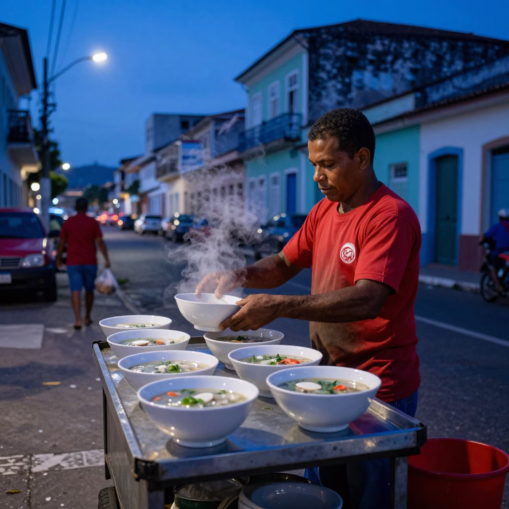 Pre-dawn street vendor preparing soup bowls in Salvador Brazil in in Salvador, Brazil