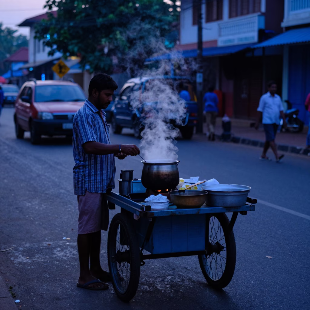 Pre-Dawn Street Vendor Preparing Tea in Kochi India Before Sunrise in in Kochi, India