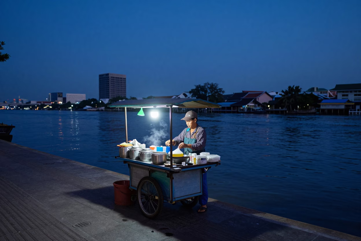Pre-dawn street vendor preparing tea near Bangkok Chao Phraya River with steam rising in in Bangkok, Thailand