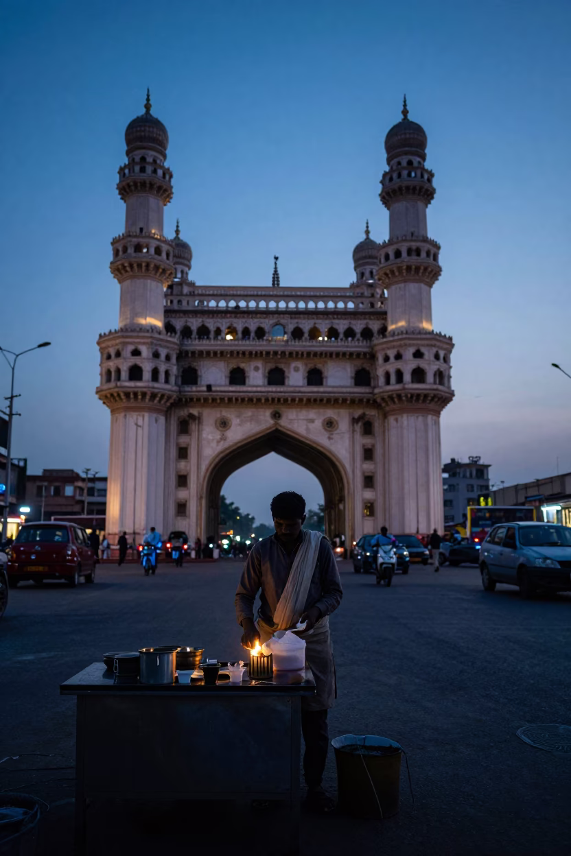 Pre-dawn street vendor preparing tea near Charminar Hyderabad India in in Hyderabad, India