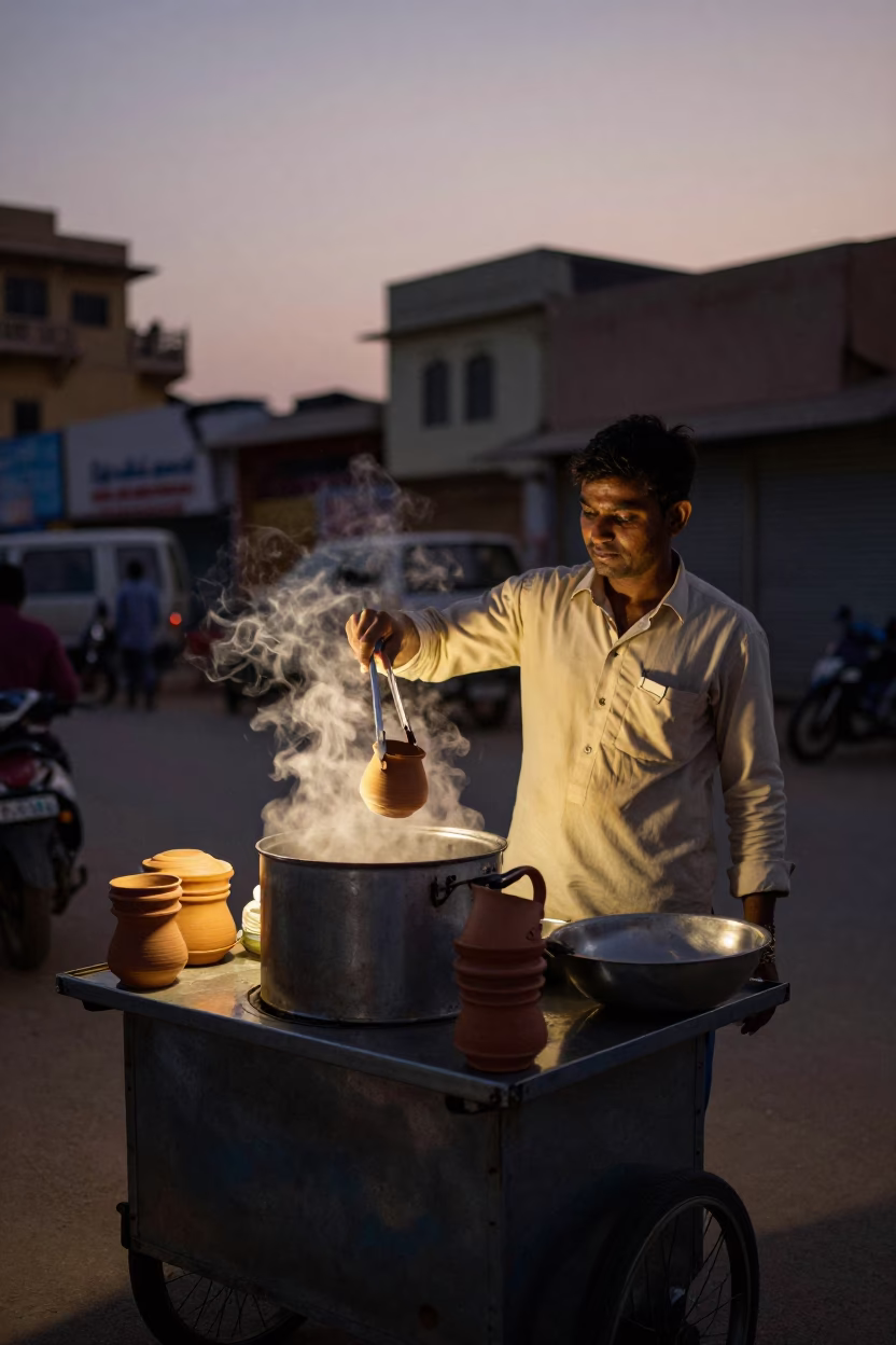 Pre-dawn street vendor preparing tea with tongs and clay cups in Jaipur India in in Jaipur, India