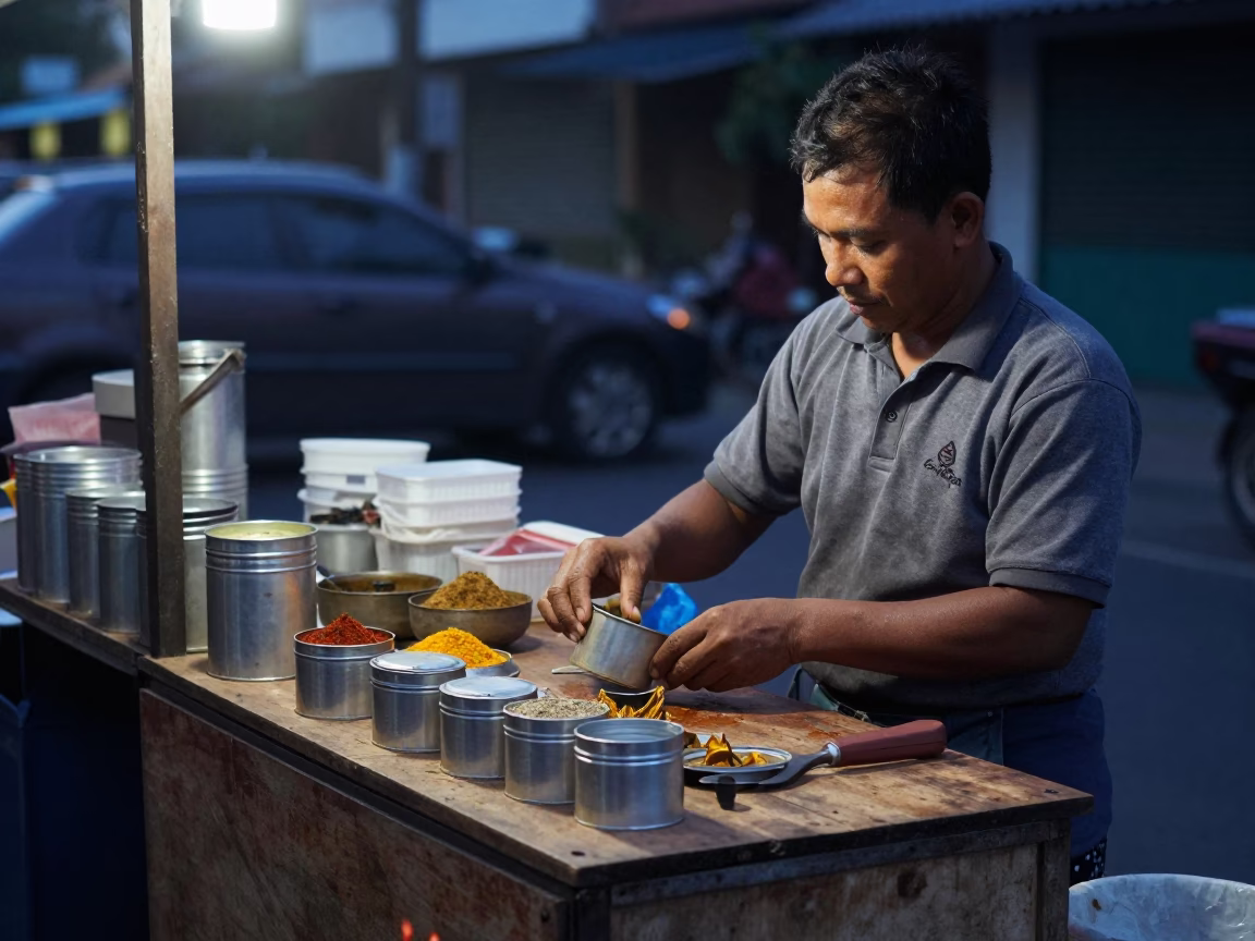 Pre-Dawn Street Vendor Scene in Surabaya Indonesia with Spices and Tools in in Surabaya, Indonesia