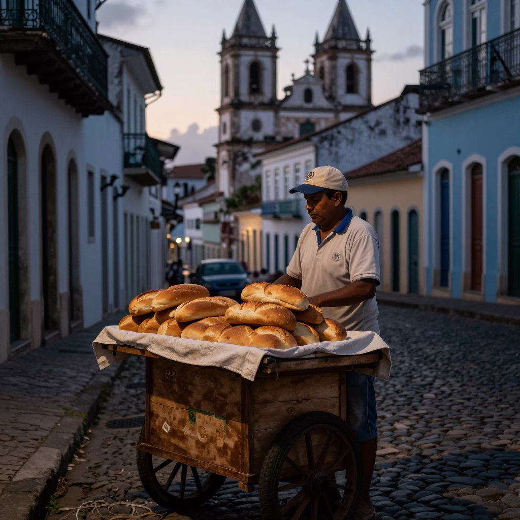 Pre-dawn street vendor selling fresh bread loaves in historic Salvador Brazil before sunrise in in Salvador, Brazil