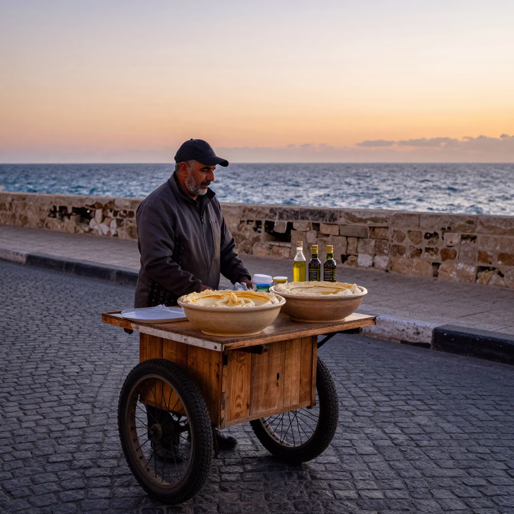 Pre-Dawn Street Vendor Selling Hummus and Olive Oil in Alexandria Egypt in in Alexandria, Egypt