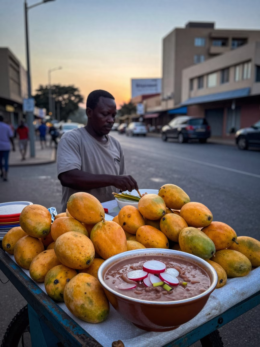 Pre-dawn street vendor selling mangoes and pozole outside brutalist university in Johannesburg in in Johannesburg, South Africa