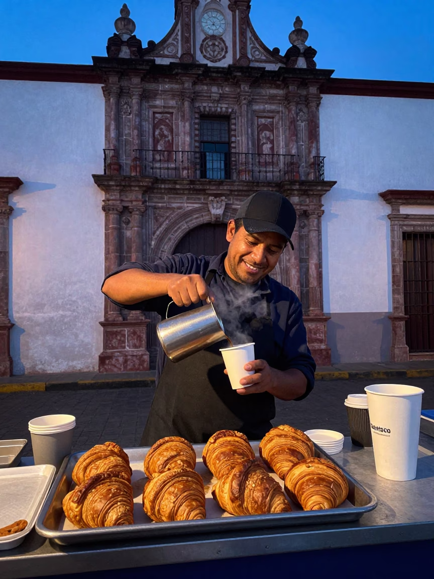 Pre-dawn street vendor serving fresh croissants and coffee in historic Merida Mexico plaza in in Merida, Mexico