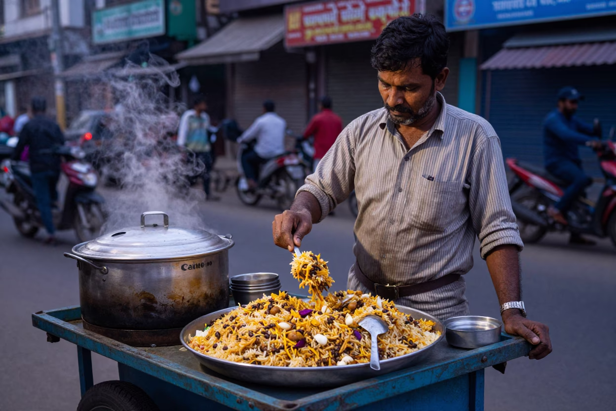 Pre-dawn street vendor serving koshari with lentils and noodles in Kolkata India in in Kolkata, India