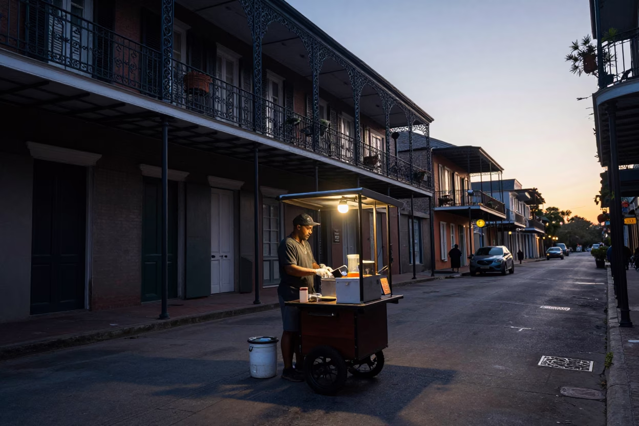 Pre-Dawn Street Vendor Setup in New Orleans Quarter Before Sunrise in in New Orleans, Louisiana, United States