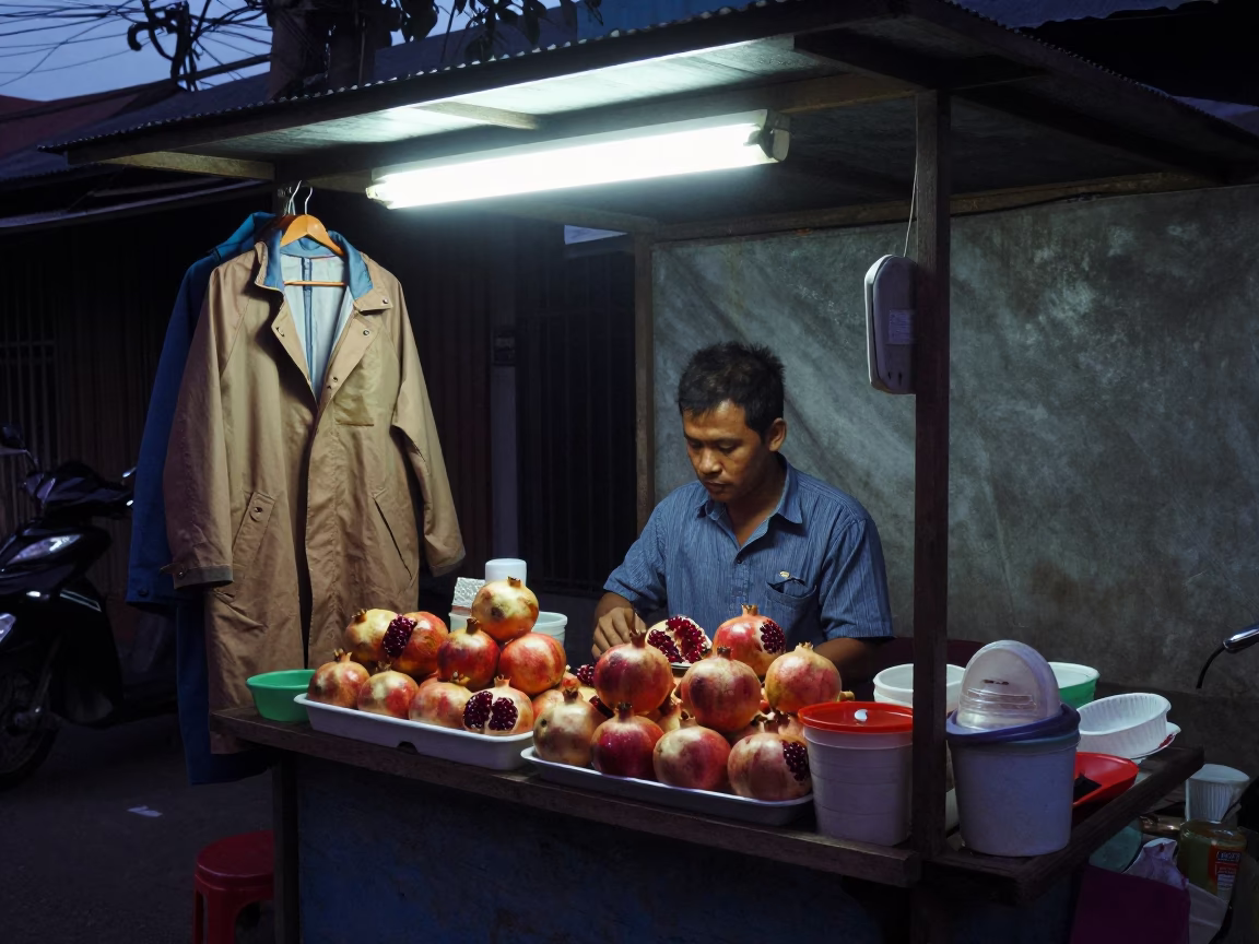 Pre-dawn street vendor stall with pomegranate and coat stand in Phuket Thailand in in Phuket, Thailand