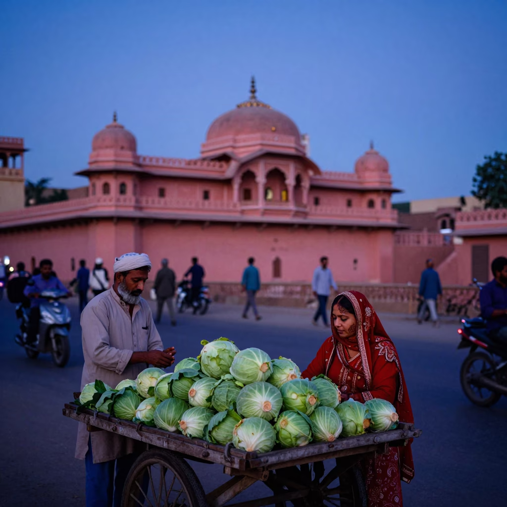 Pre-Dawn Street Vendor with Cabbages and Henna Artist in Jaipur India in in Jaipur, India