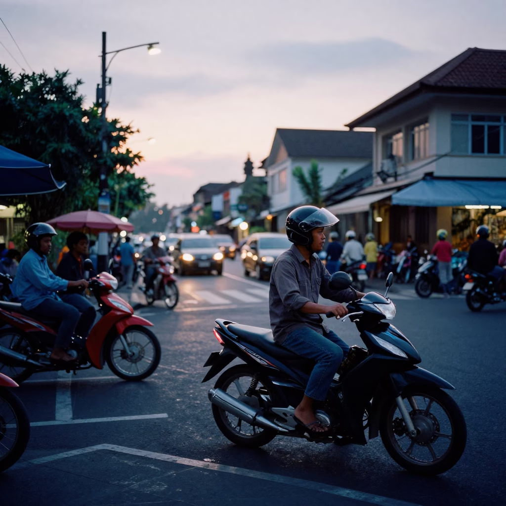 Pre-dawn street vendors and motorbikes in Denpasar Bali Indonesia in in Denpasar, Indonesia