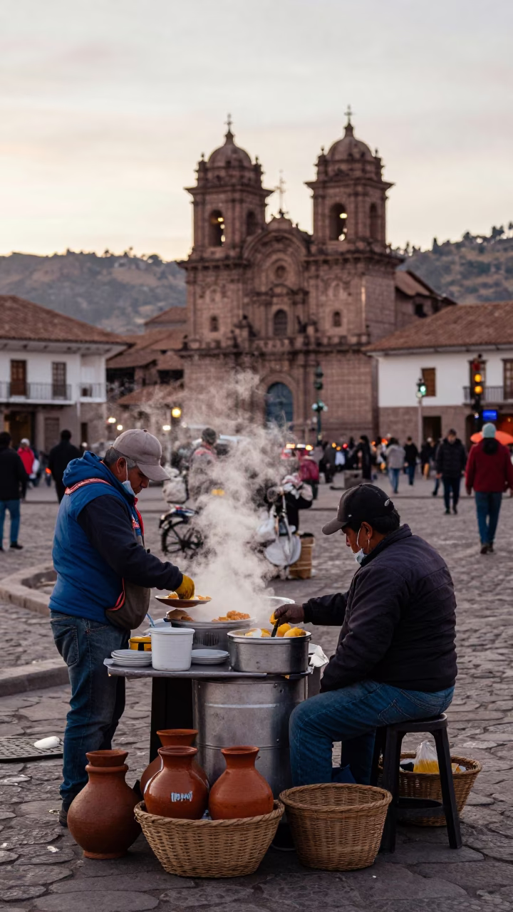 Pre-dawn street vendors preparing breakfast near Plaza de Armas in historic Cusco Peru in in Cusco, Peru