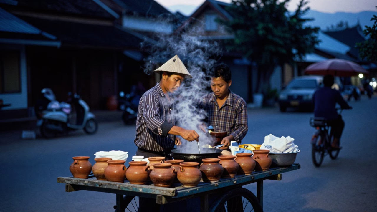 Pre-dawn street vendors preparing morning breakfast in Luang Prabang Laos in in Luang Prabang, Laos