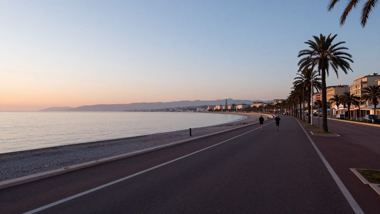 Pre-dawn streets of Nice France showing early morning light and local morning routine in in Nice, France