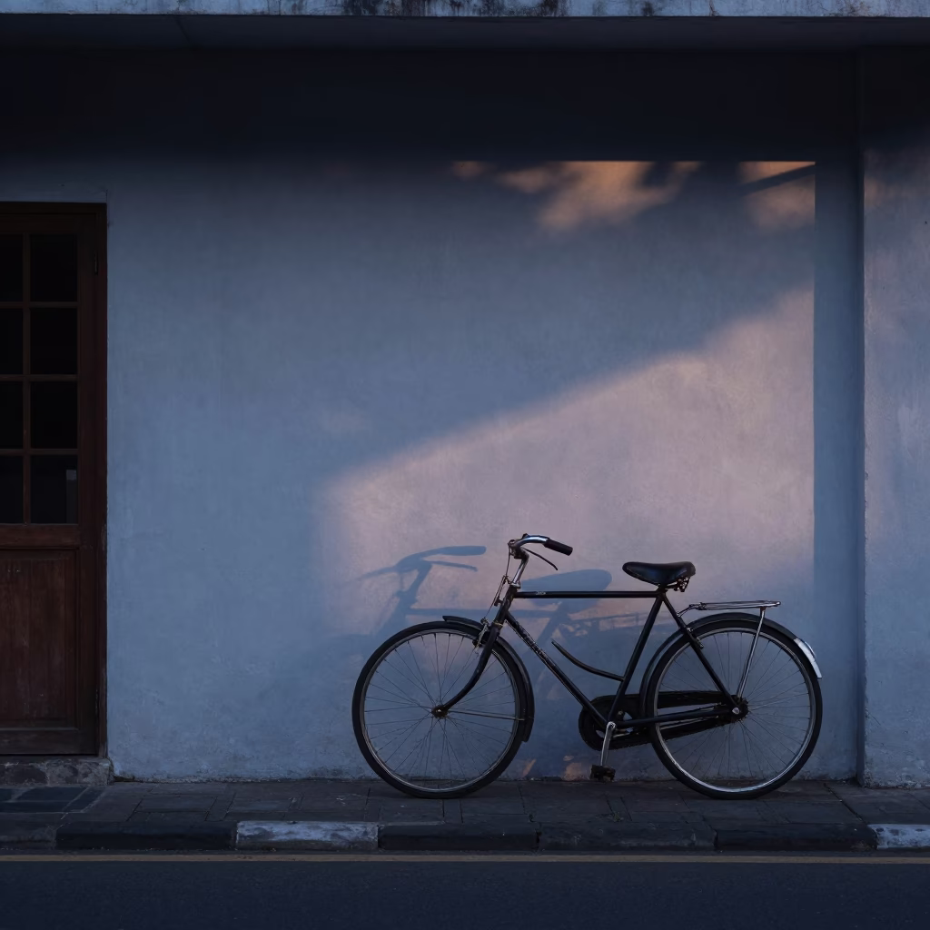 Pre-Dawn Surabaya Street Scene with Bicycle Leaning Against Cafe Wall in in Surabaya, Indonesia