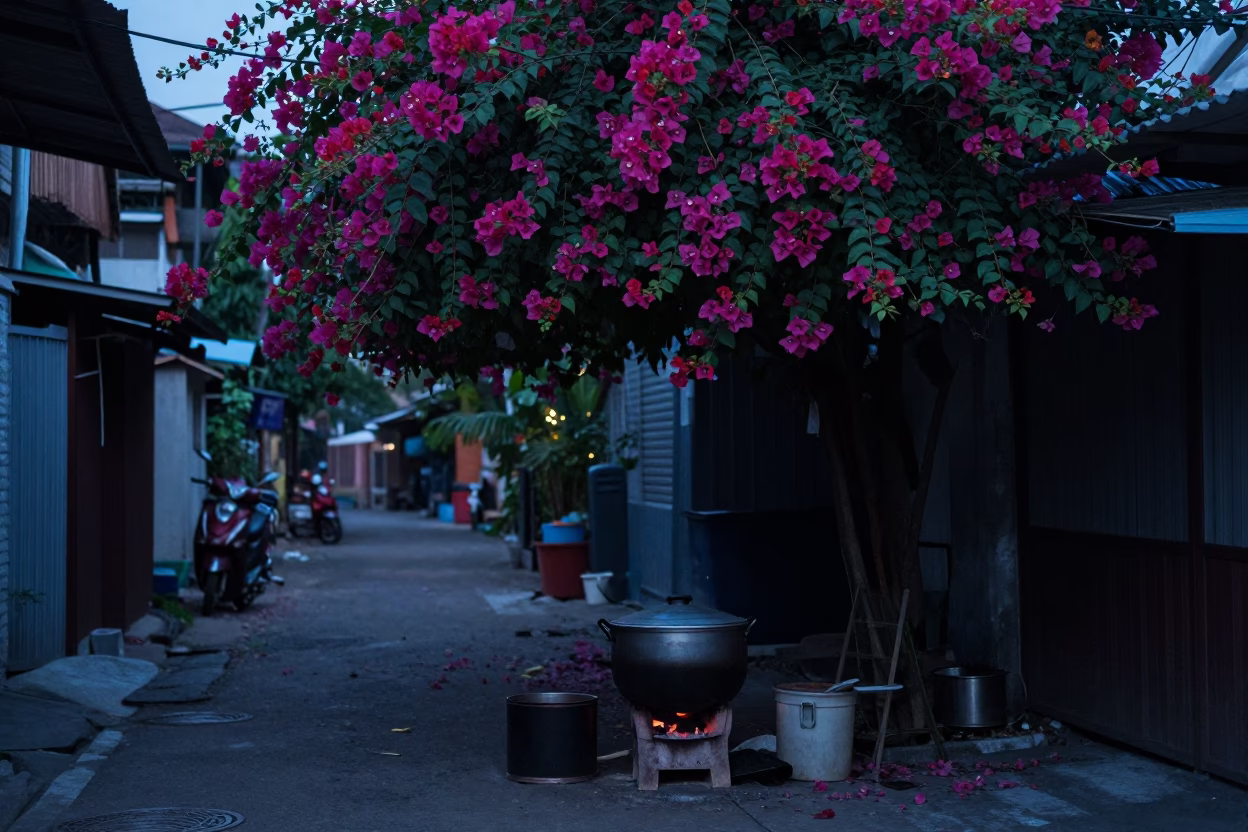 Pre-dawn Surabaya street scene with bougainvillea and cooking pot at dawn in in Surabaya, Indonesia