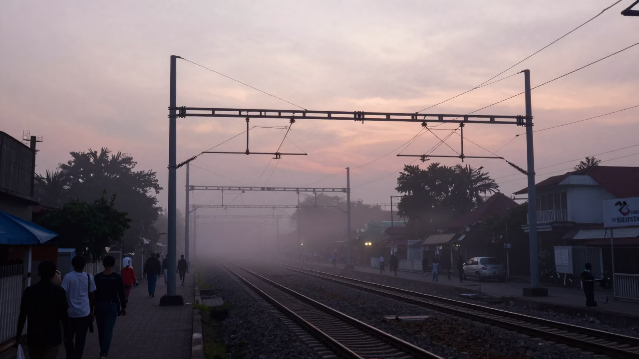 Pre-Dawn Surabaya Street Scene with Rail Catenary System and Industrial Fog in in Surabaya, Indonesia