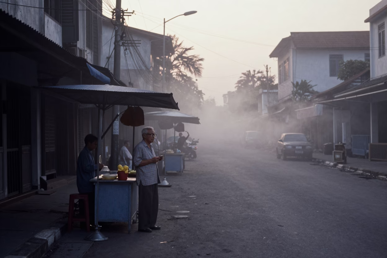 Pre-Dawn Surabaya Street Scene with Steam Haze and Early Morning Activity in in Surabaya, Indonesia