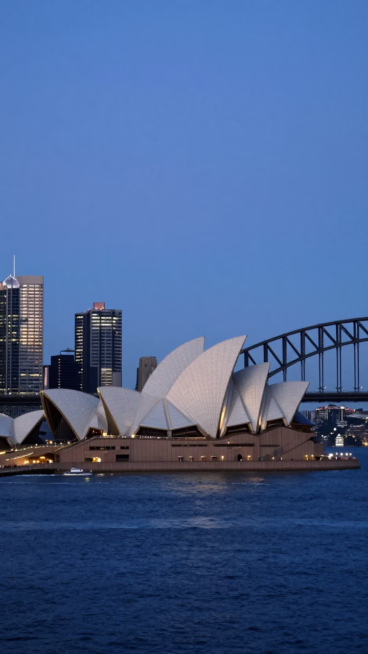 Pre-Dawn Sydney Harbour Bridge and Opera House with Vintage Mugs and Coffee Steam in in Sydney, New South Wales, Australia