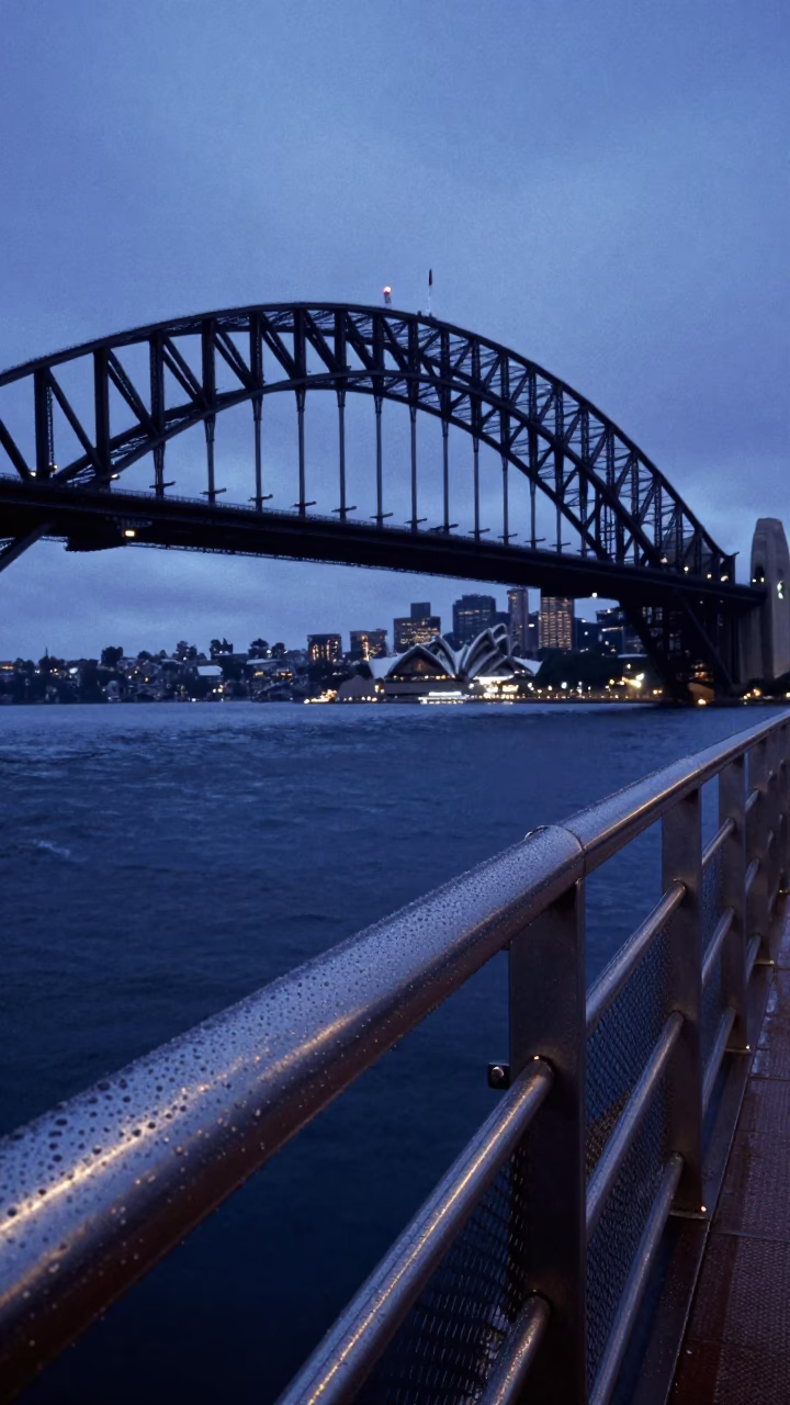 Pre-dawn Sydney Harbour Bridge steel condensation and urban stillness in in Sydney, New South Wales, Australia