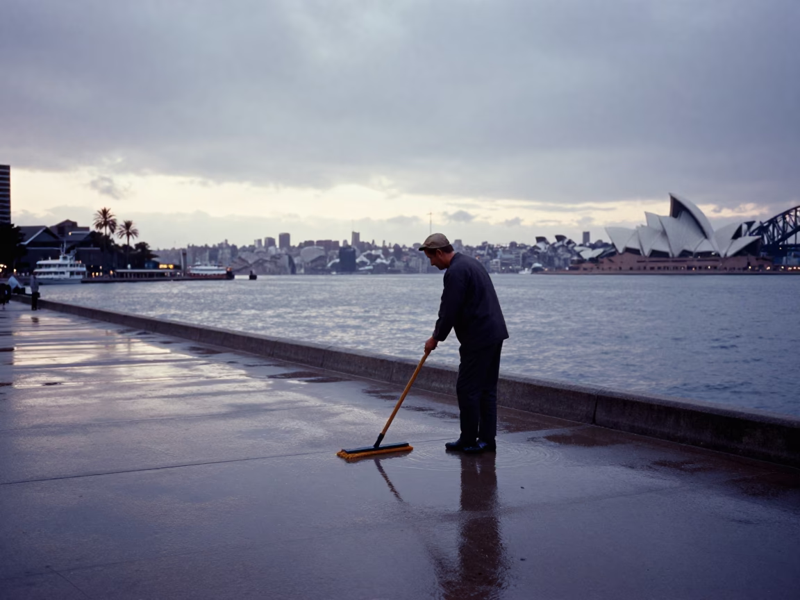 Pre-dawn Sydney Harbour Foreshore Maintenance with Mops and Wet Concrete in in Sydney, New South Wales, Australia