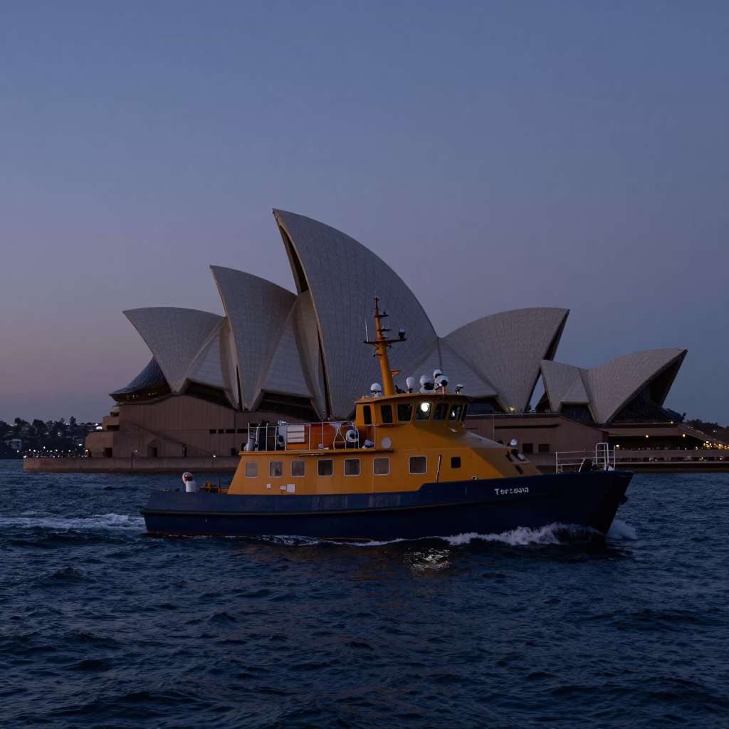 Pre-dawn Sydney Harbour pilot boat navigating choppy waters near circular quay at dawn in in Sydney, New South Wales, Australia
