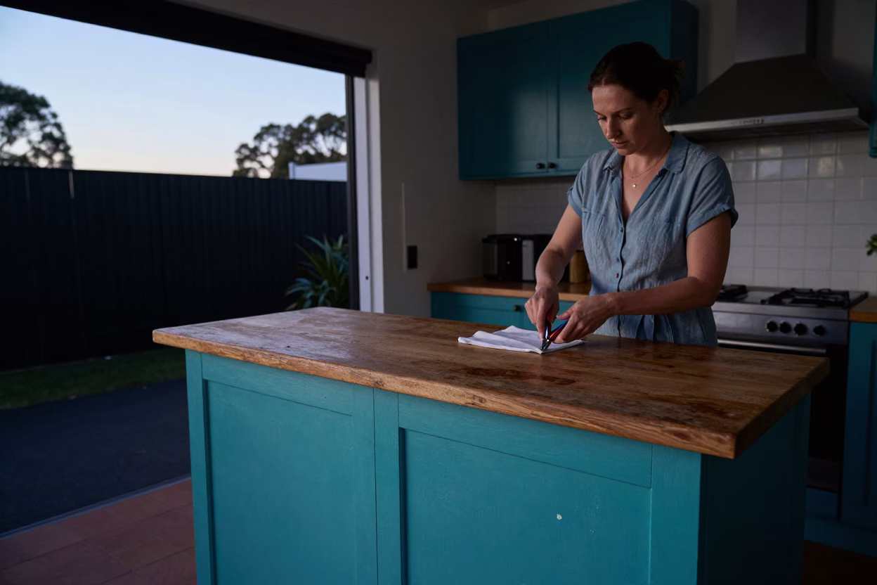 Pre-Dawn Sydney Kitchen Counter with Peeling Turquoise Paint and Steel Basin in in Sydney, New South Wales, Australia