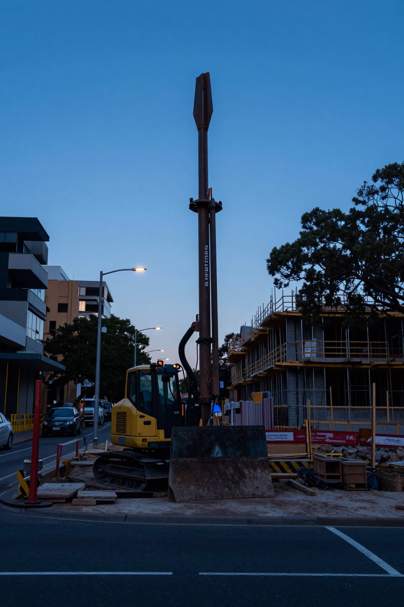 Pre-Dawn Sydney Street Scene with Construction Pile Driver and Jacaranda Trees in in Sydney, New South Wales, Australia