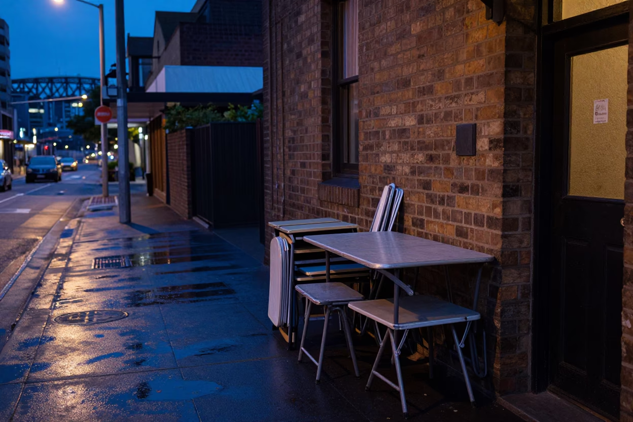 Pre-dawn Sydney Street Scene with Folding Tables and Wet Asphalt Reflections in in Sydney, New South Wales, Australia