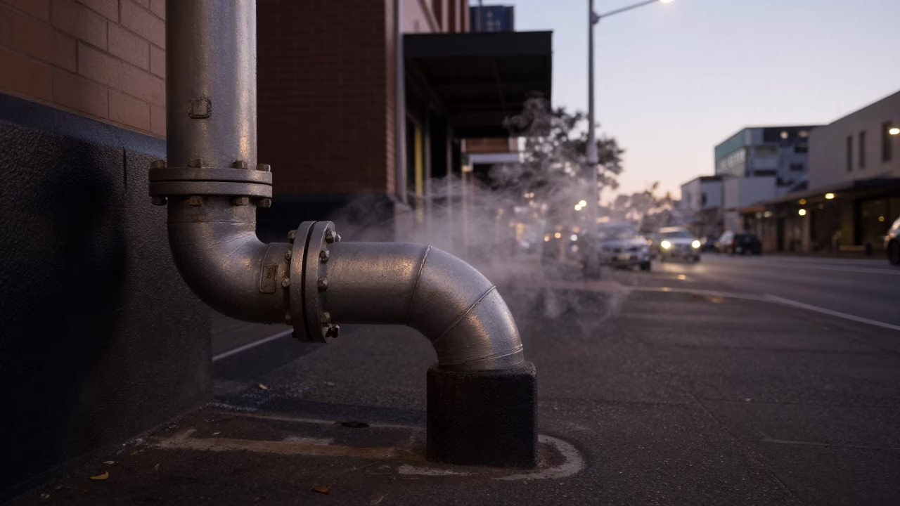 Pre-Dawn Sydney Street Scene with Steaming District Heating Pipe and Frost Coated Fencing in in Sydney, New South Wales, Australia