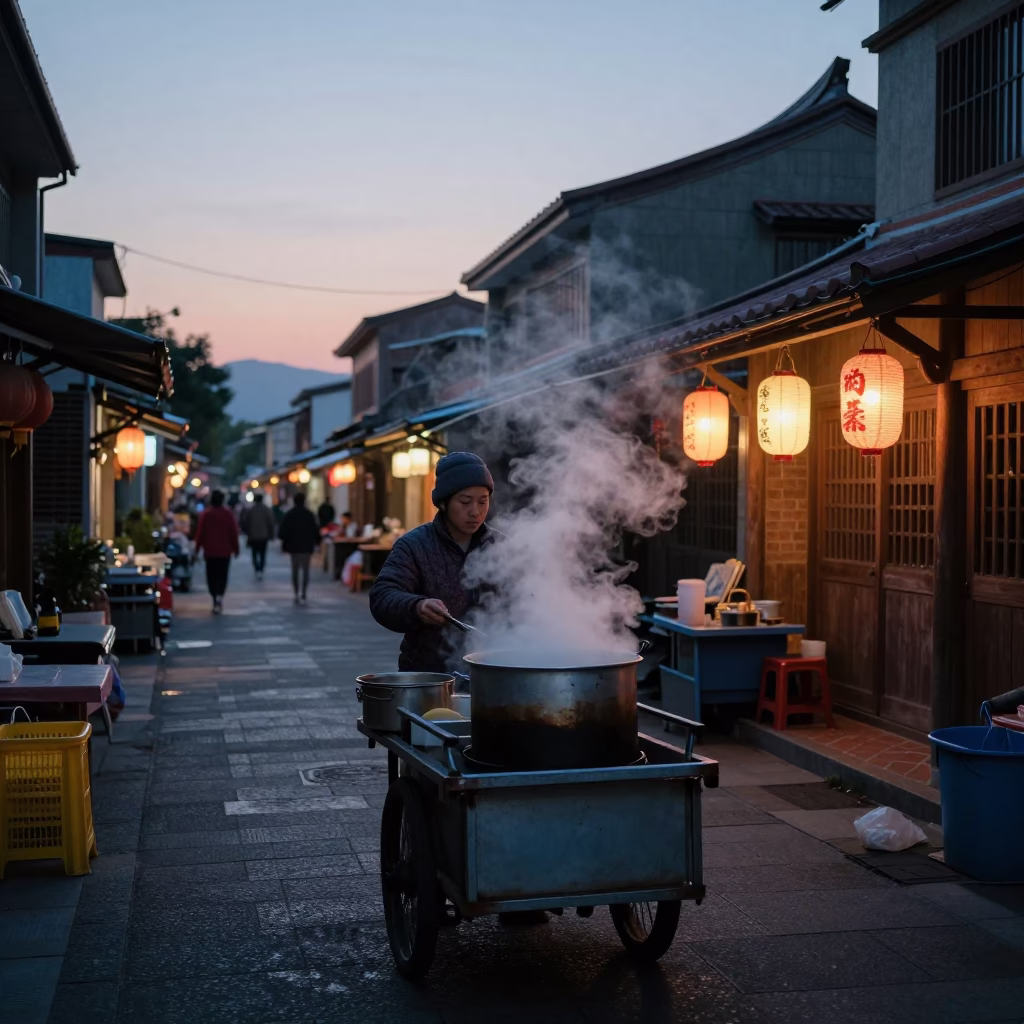 Pre-dawn Tainan Street Scene with Cooking Pot and Lanterns in in Tainan, Taiwan