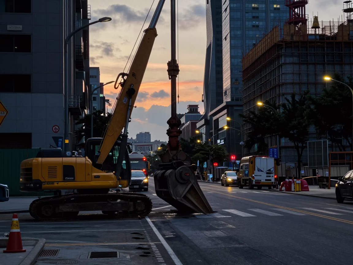 Pre-dawn Taipei street scene with construction pile driver and vintage basketball at dawn in in Taipei, Taiwan