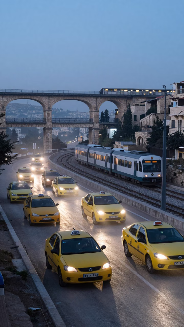 Pre-Dawn Taxi Rank and Railway Viaduct Outside Amman Jordan Train Station in in Amman, Jordan